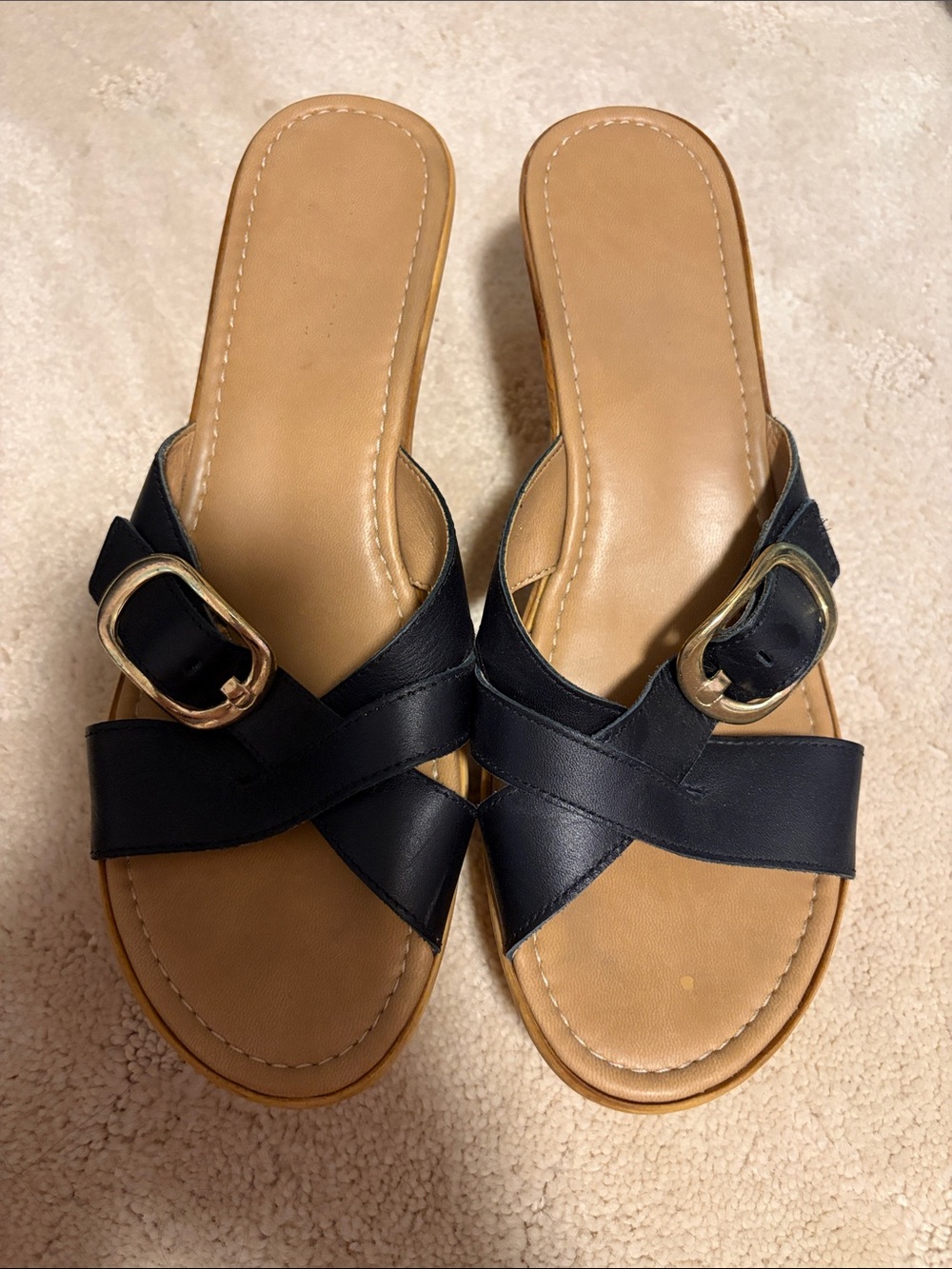 Super Cute Black Crisscross Slide Sandals Heel Wedges with Buckle 10M